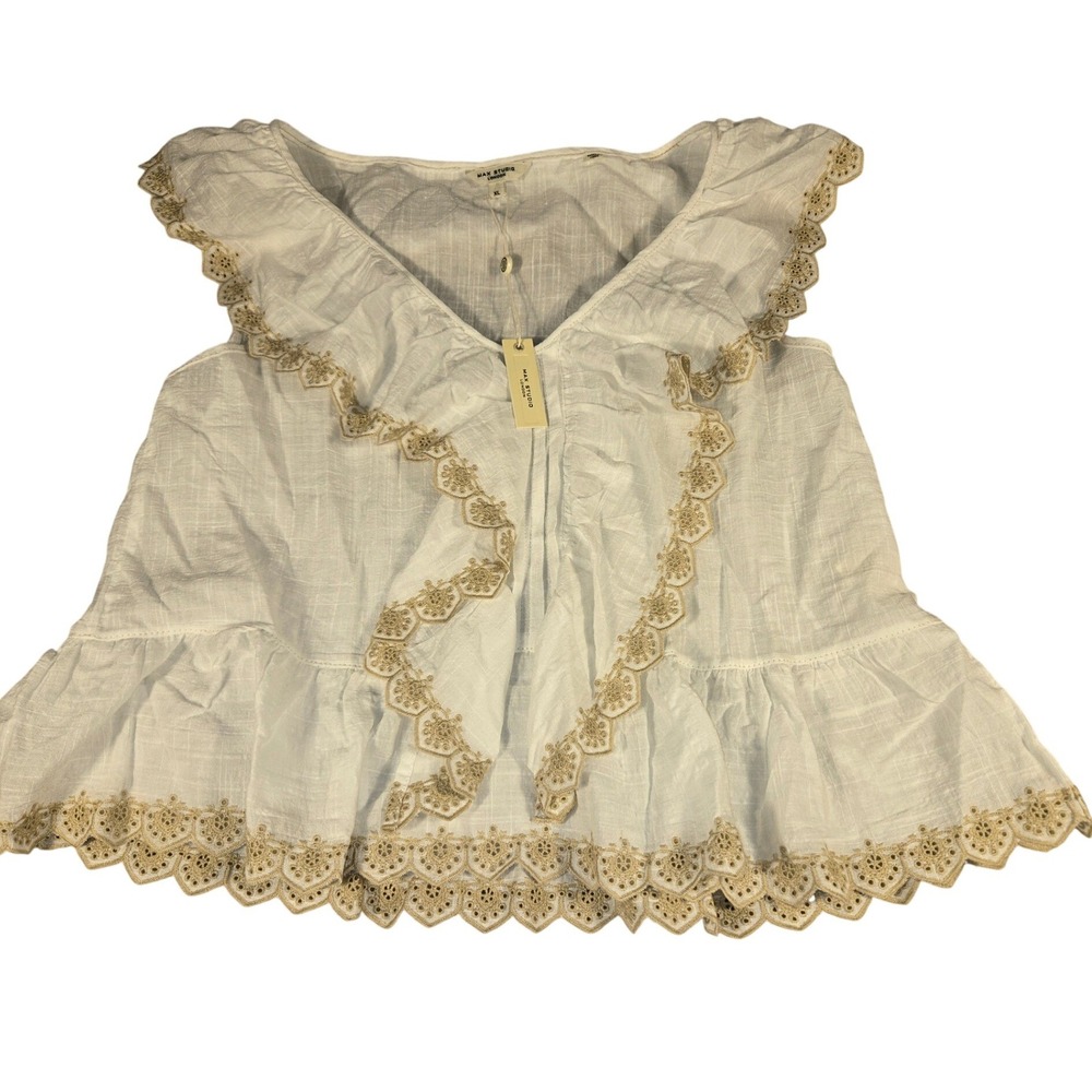 Max Studio London White Eyelet Embroidered Ruffle Peplum Blouse XL 5702E37